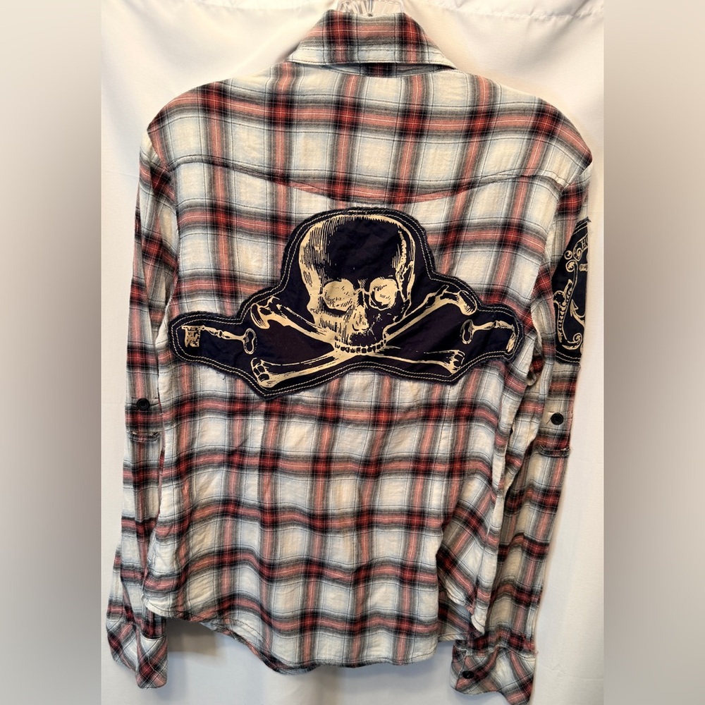 Primevil Women’s‎ Size XS Red Black White Button Up Flannel Embroidered Skull